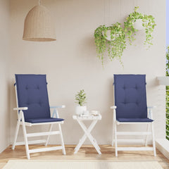 Two navy blue polyester highback chair cushions with straps for outdoor use
