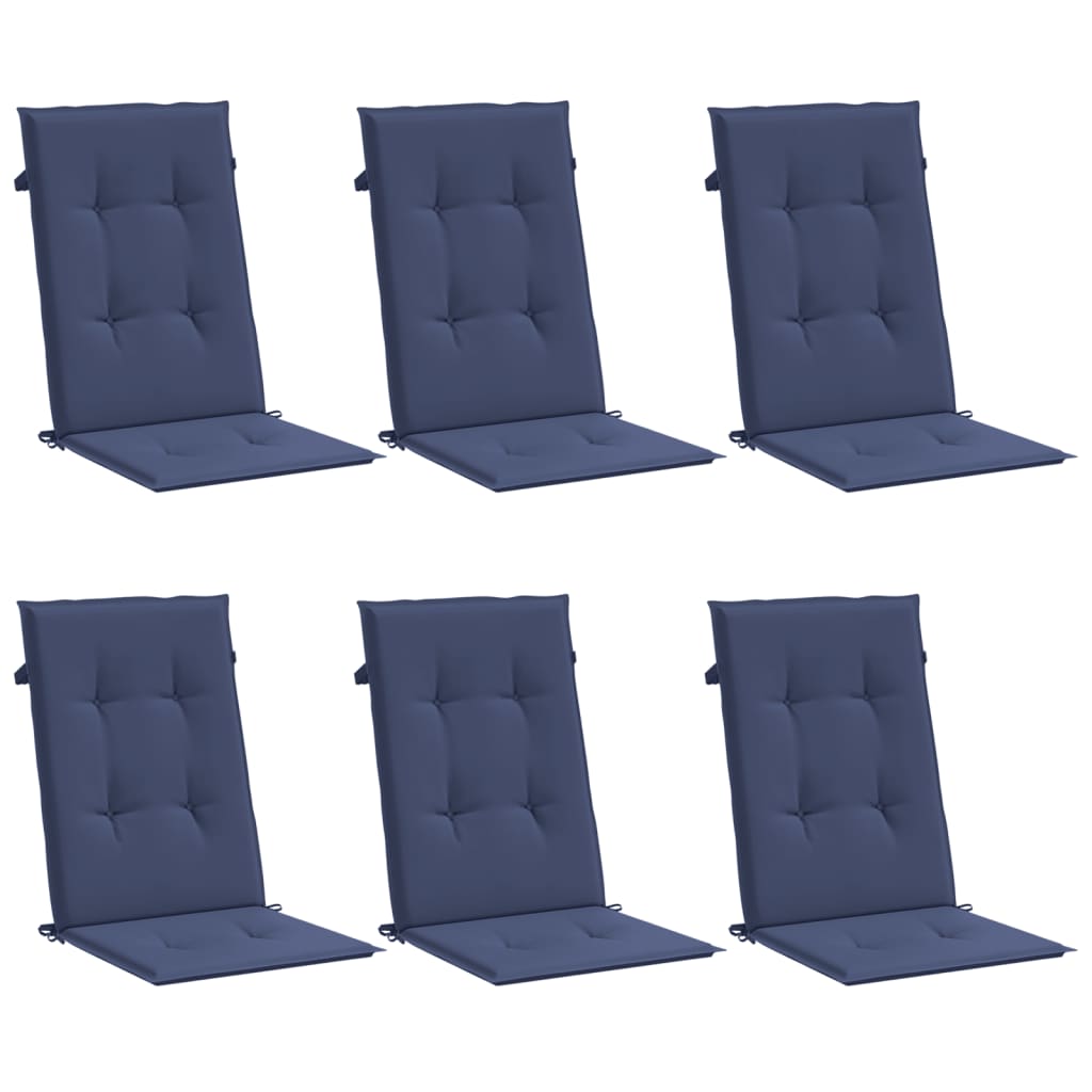 Six navy blue polyester highback chair cushions with straps, shown from multiple angles.