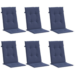 Six navy blue polyester highback chair cushions with straps, shown from multiple angles.