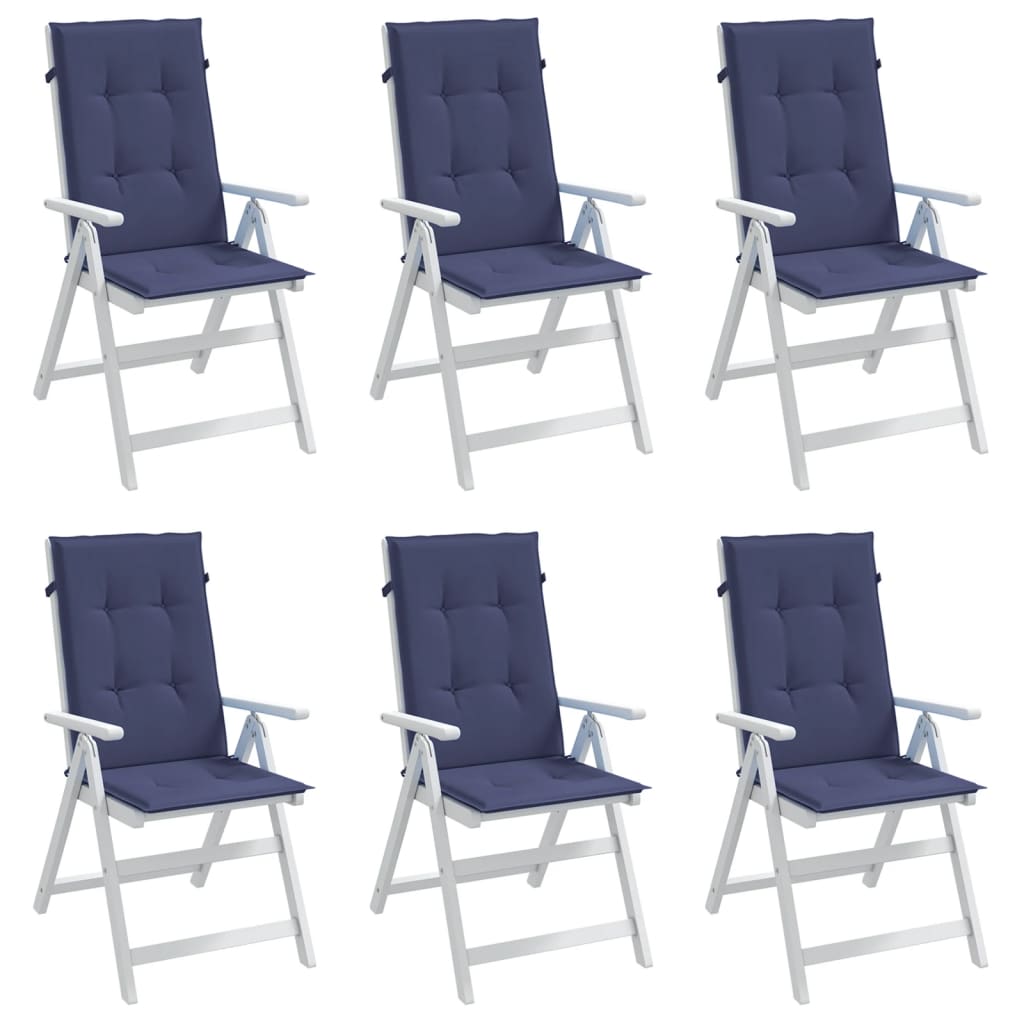 Set of six navy blue polyester cushions for highback chairs, with padded backs and seats.