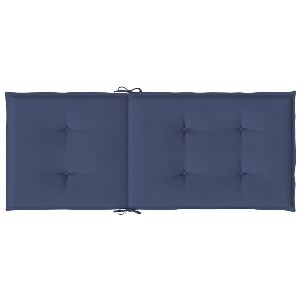 Set of six navy blue polyester highback chair cushions with ties and tufted design.