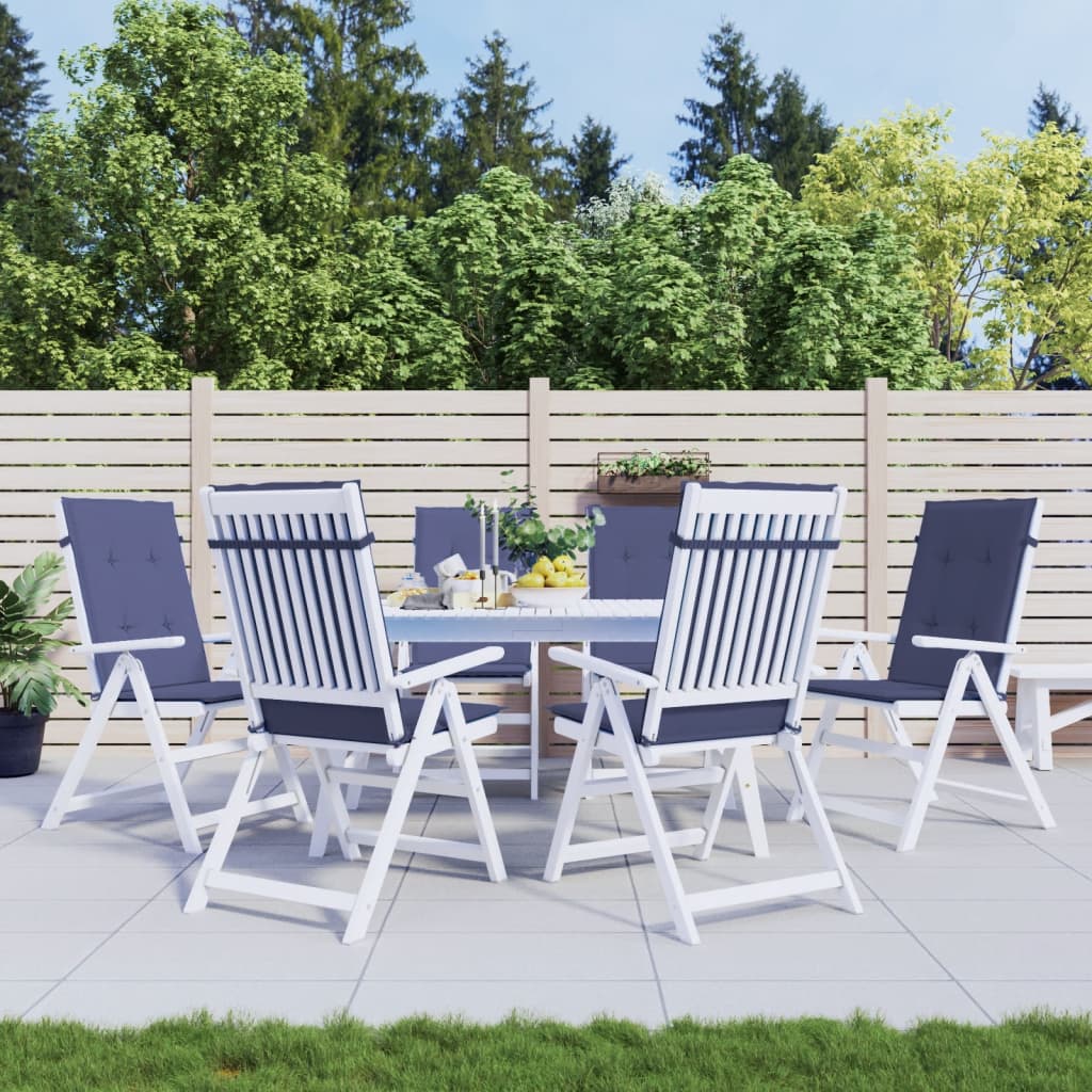 Set of six navy blue polyester highback chair cushions with elastic straps for outdoor use