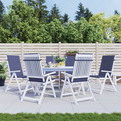 Set of six navy blue polyester highback chair cushions with elastic straps for outdoor use