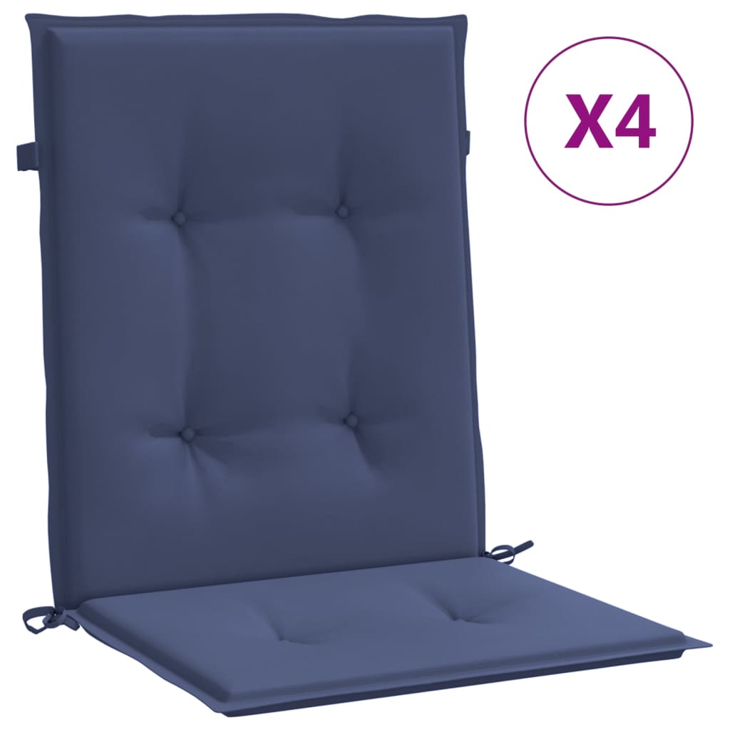Navy blue lowback chair cushions in a 4-pack made of UV-resistant polyester fabric.