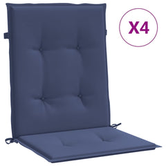 Navy blue lowback chair cushions in a 4-pack made of UV-resistant polyester fabric.