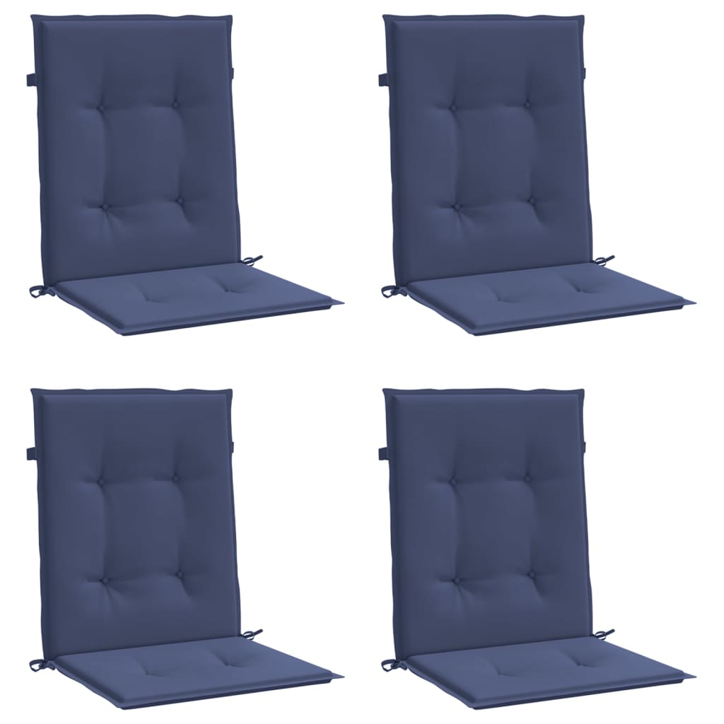 Navy blue lowback chair cushions in a 4-pack, made from UV-resistant polyester fabric.