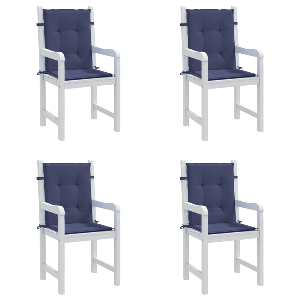 Navy blue lowback chair cushions in a 4-pack, made of durable polyester fabric.