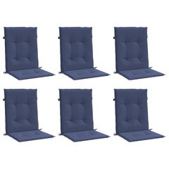 Six navy blue polyester lowback chair cushions with straps, shown from multiple angles.