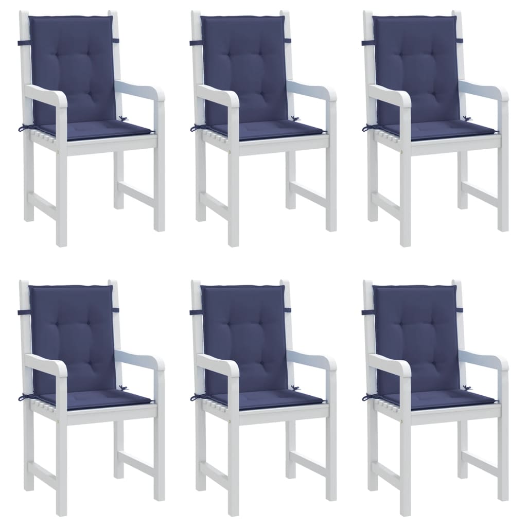 Six navy blue polyester cushions for lowback chairs, featuring soft filling and secure straps.