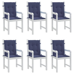 Six navy blue polyester cushions for lowback chairs, featuring soft filling and secure straps.