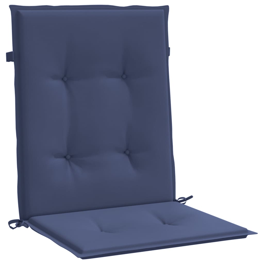 Set of six navy blue polyester cushions for lowback chairs with tufted design and straps.