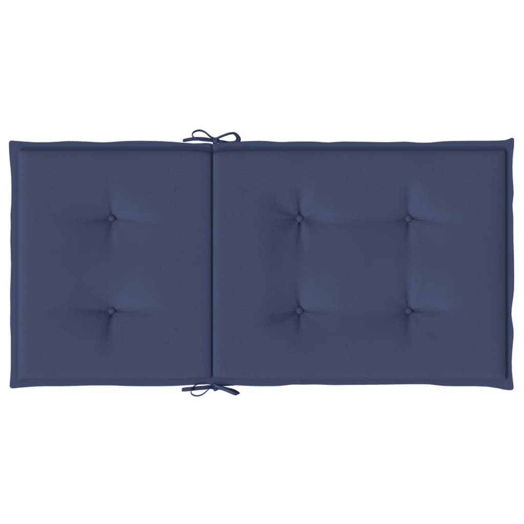 Navy blue polyester lowback chair cushions with tufting and ties, sold as a 6-pack.