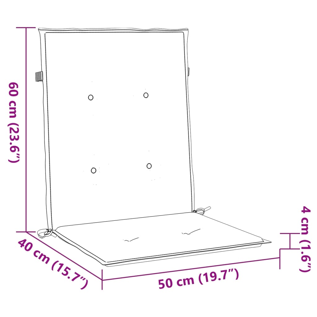 Diagram of navy blue polyester lowback chair cushion, 60x50x4 cm, with dimensions labeled.