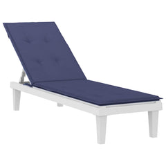 Navy blue water-resistant cushion for deck chairs, made from breathable polyester fabric.