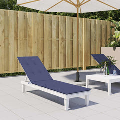 Navy blue water-resistant cushion for deck chairs, made from breathable polyester fabric.