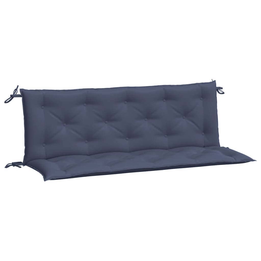 Navy blue Oxford fabric garden bench cushions in a 2-piece set with tufted design and ties.