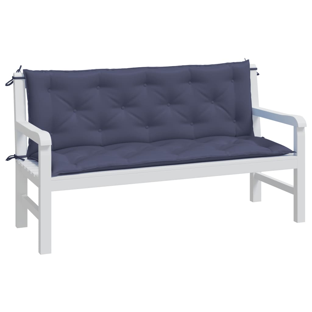 White garden bench with navy blue Oxford fabric cushions tied in place, two-piece set.