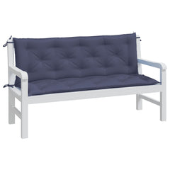 White garden bench with navy blue Oxford fabric cushions tied in place, two-piece set.