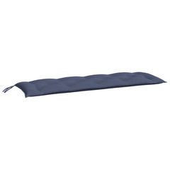 Two navy blue Oxford fabric garden bench cushions with tufted design and tie straps