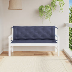 A two-piece set of navy blue Oxford fabric cushions on a white garden bench.