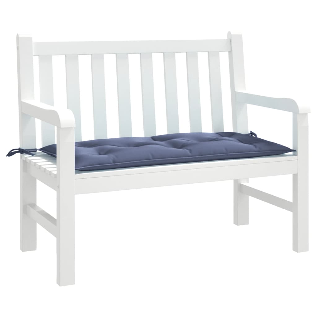 Navy blue garden bench cushion in Oxford fabric with ties, measuring 43.3 by 19.7 inches.