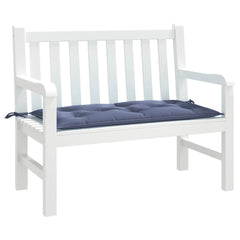 Navy blue garden bench cushion in Oxford fabric with ties, measuring 43.3 by 19.7 inches.