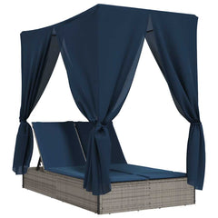 Double Sun Lounger with Roof and Curtains Gray Poly Rattan