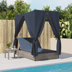 Double Sun Lounger with Roof and Curtains Gray Poly Rattan