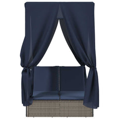 Double Sun Lounger with Roof and Curtains Gray Poly Rattan