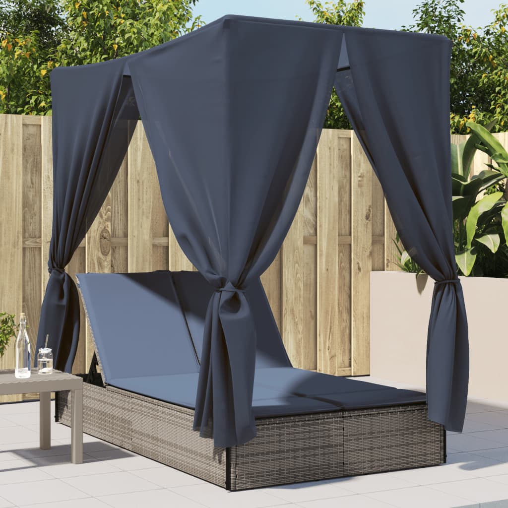Double Sun Lounger with Roof and Curtains Gray Poly Rattan
