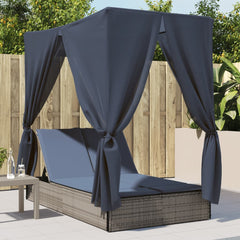 Double Sun Lounger with Roof and Curtains Gray Poly Rattan