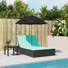 Double Sun Lounger with Cushions&Parasol Black Poly Rattan