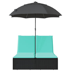 Double Sun Lounger with Cushions&Parasol Black Poly Rattan