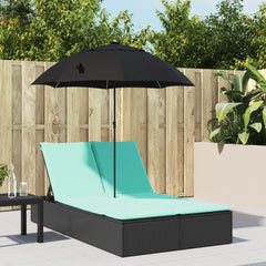 Double Sun Lounger with Cushions&Parasol Black Poly Rattan
