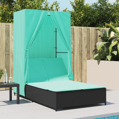 Double Sun Lounger with Roof and Curtains Black Poly Rattan