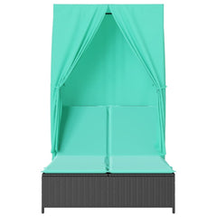 Double Sun Lounger with Roof and Curtains Black Poly Rattan