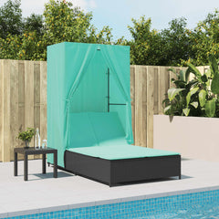 Double Sun Lounger with Roof and Curtains Black Poly Rattan