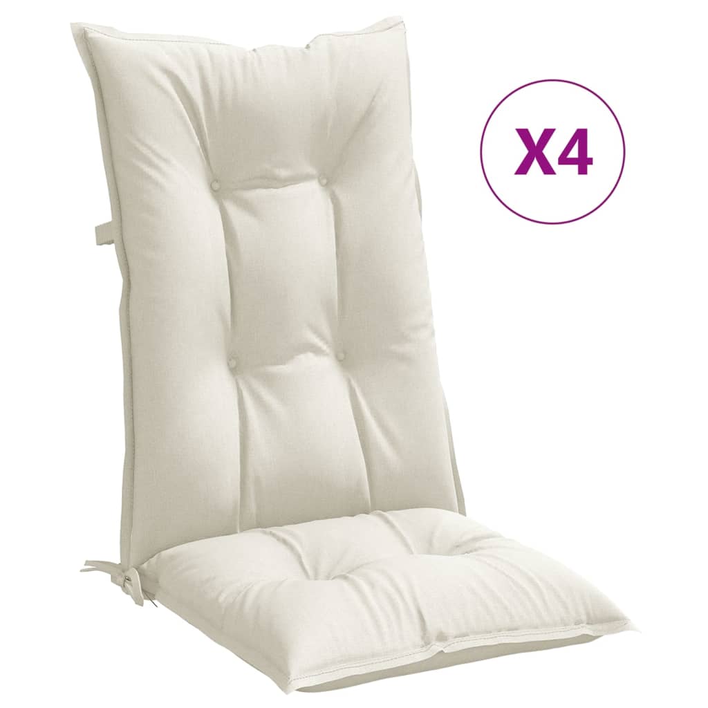 Four cream highback chair cushions with tufted fabric and ties, 47.2x19.7x2.8 cm.