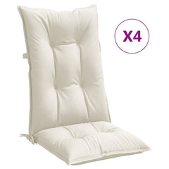 Four cream highback chair cushions with tufted fabric and ties, 47.2x19.7x2.8 cm.