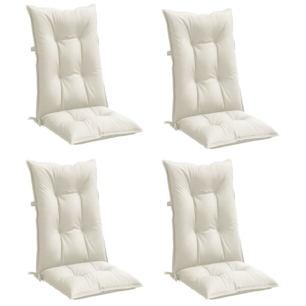 Four cream melange highback chair cushions, each 47.2x19.7x2.8 cm, made of fabric with ties.