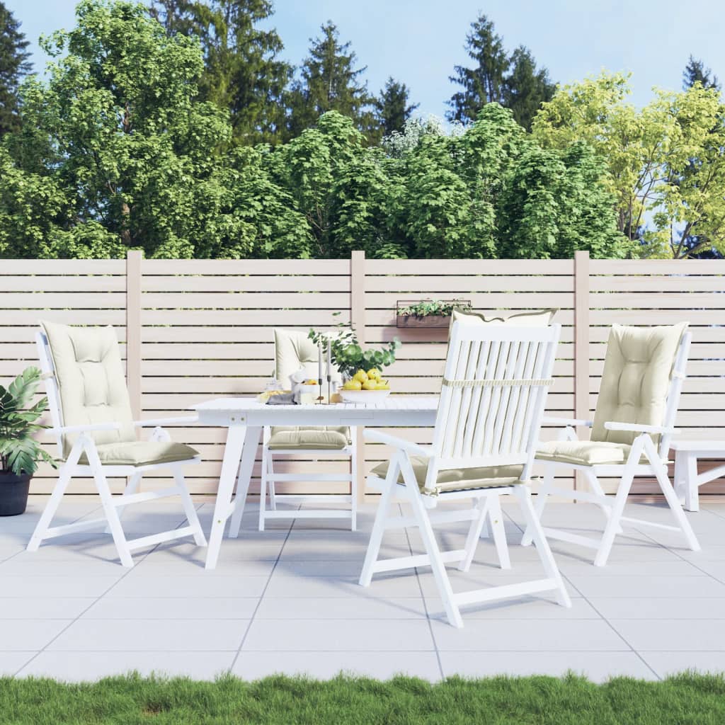 Four cream Melange highback chair cushions with ties and elastic straps, 47.2x19.7x2.8 inches, made from recycled polyester fabric.