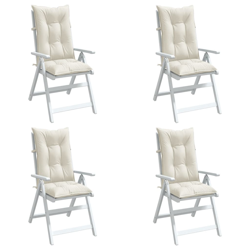 Four cream Melange highback chair cushions, 47.2x19.7x2.8 cm fabric pads with ties.