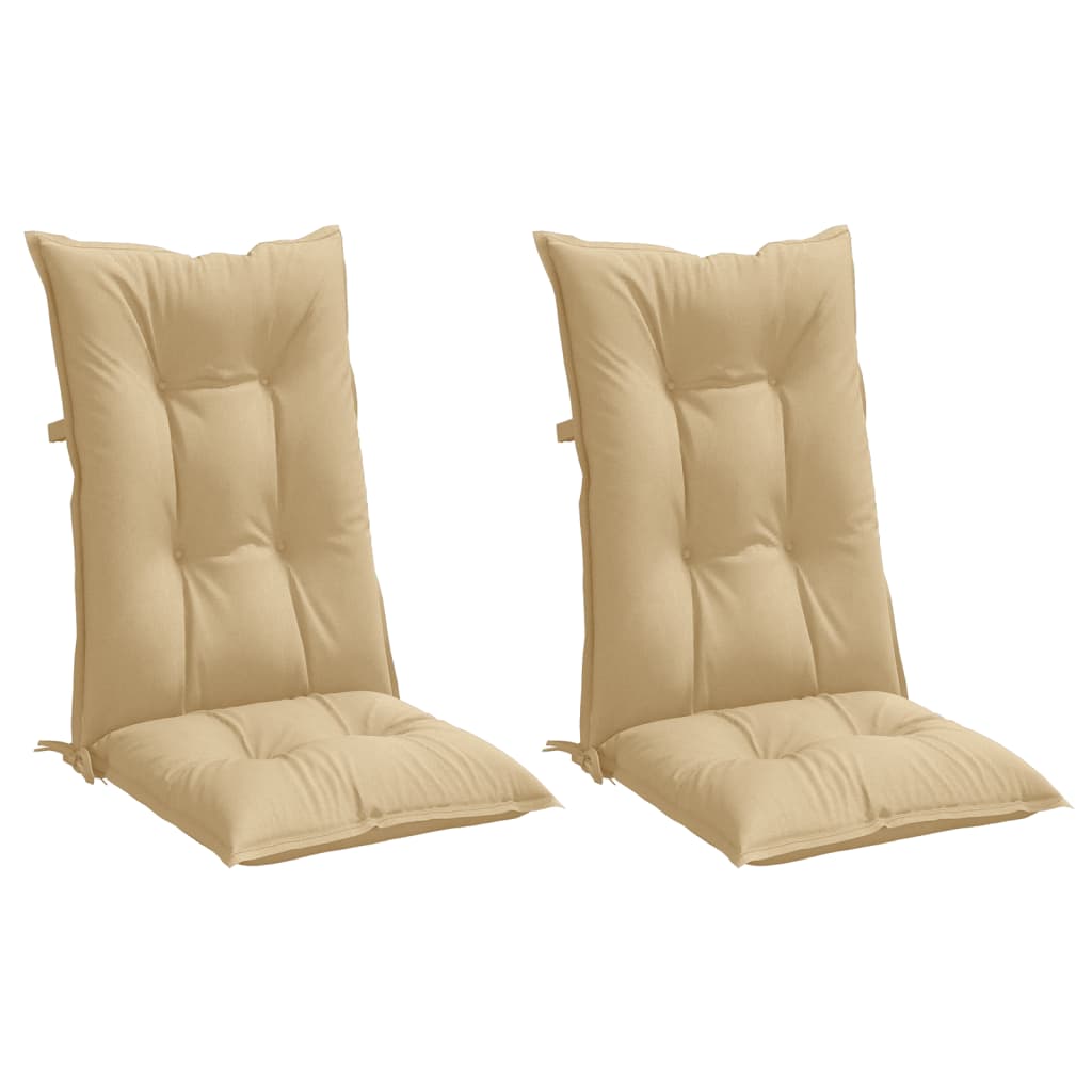 Two beige melange fabric highback chair cushions with tufted seats and ties.