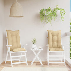 Two beige melange highback chair cushions on white folding chairs with a small table.