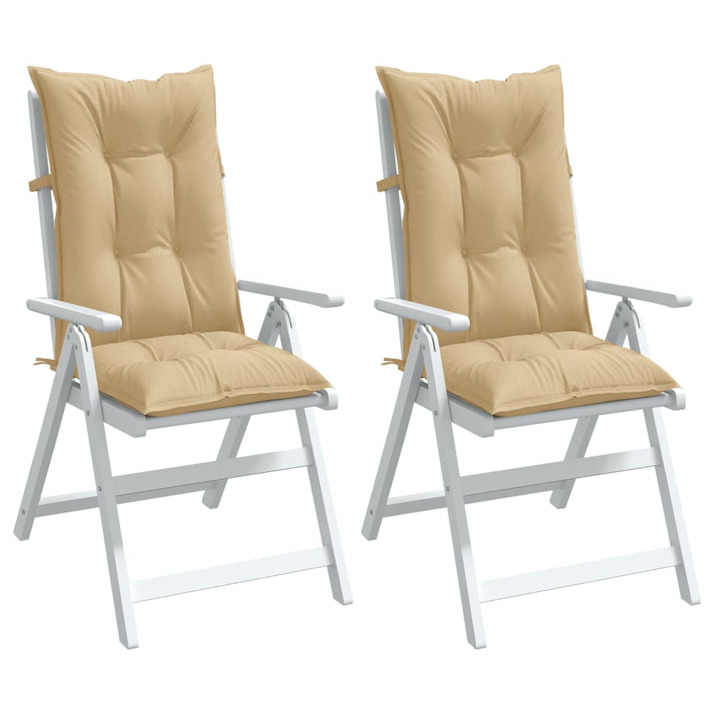 Two beige melange fabric highback chair cushions with ties, shown on white folding chairs.