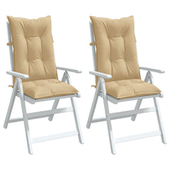 Two beige melange fabric highback chair cushions with ties, shown on white folding chairs.