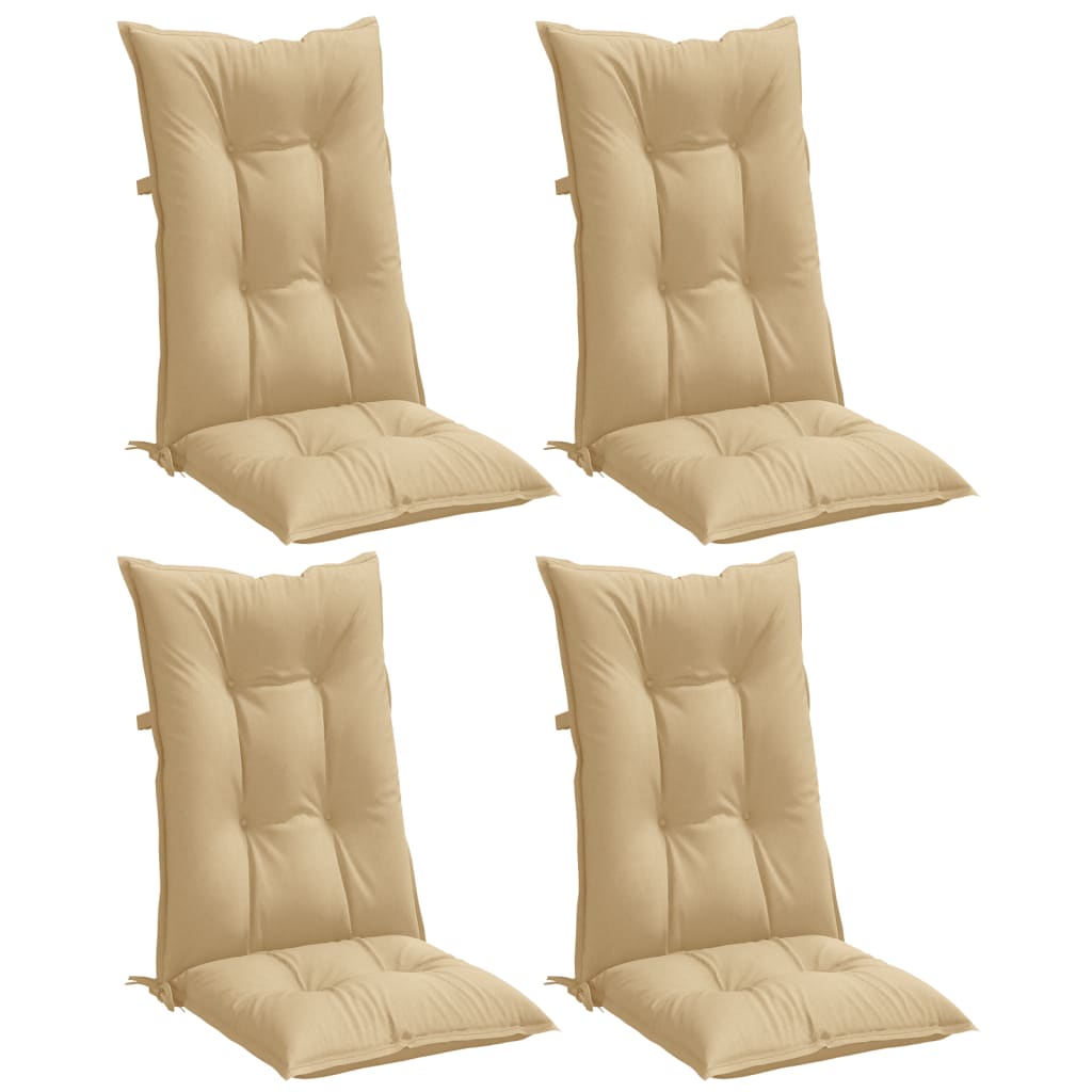 Four beige melange highback chair cushions, each 47x20x3 inches, with ties.