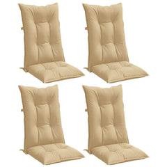 Four beige melange highback chair cushions, each 47x20x3 inches, with ties.