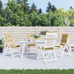 Four beige melange highback chair cushions, each 47x20x3 inches, with ties and straps.