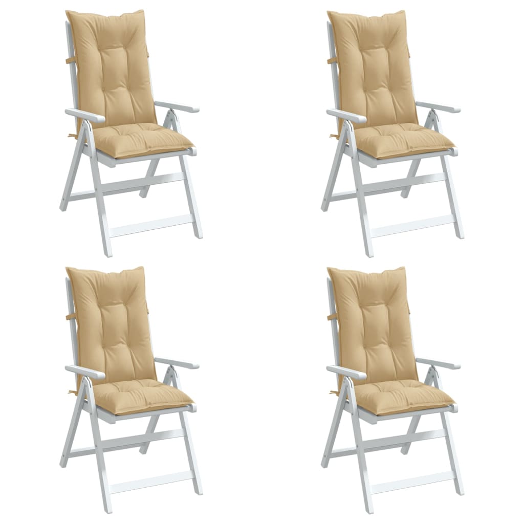 Four beige melange highback chair cushions, each 47x20x3 inches, with ties and straps.